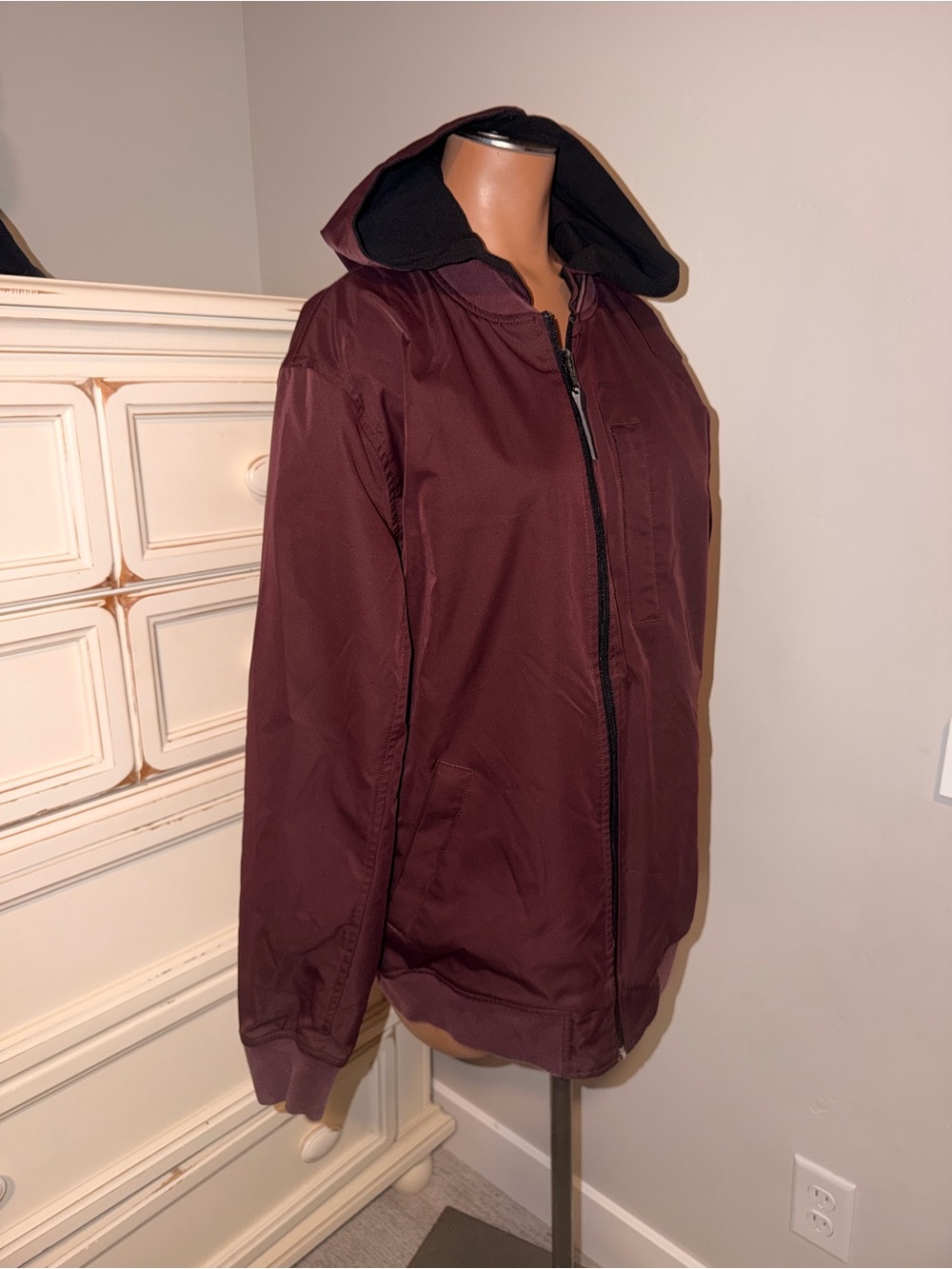 Men's Hooded Bomber Jacket - Burgundy Black reversible BYLT size Small